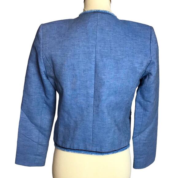 Sandro Chambray Open Front Raw Edge Blue Linen Cotton Blazer Coat Jacket Size 36 - Picture 6 of 11